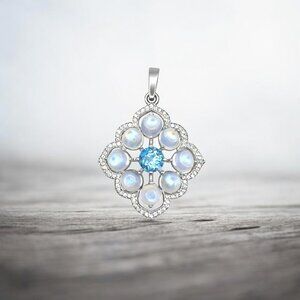 Blue Topaz and Rainbow Moonstone Pendant in 925 Sterling Silver